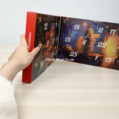 Адвент-календарь 24 окошка, резиновые фигурки, текстильные гномики, стоячие елки, в коробке