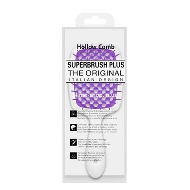 Щетка для волос массажная продувная Superbrush Plus Hollow Comb прямоугольная, Белая с фиолетовым