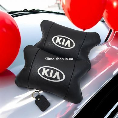 Автодушки 2 шт на подголовник Kia/Киа, натуральная кожа, черные, Подголовник для авто CZ-228 с комфортом