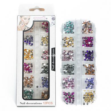 Стразы для маникюра Aoyasiyue Nail Decoration асорти в пластиковой упаковке 12 шт № 1 Яркие цветные