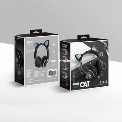 Гарнитура Cat Ear с подсветкой и Bluetooth CAT STN-28 черные, Стильные наушники с PF-563 кошачьими ушками