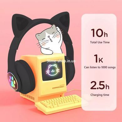 Гарнитура Cat Ear с подсветкой и Bluetooth CAT STN-28 черные, Стильные наушники с PF-563 кошачьими ушками