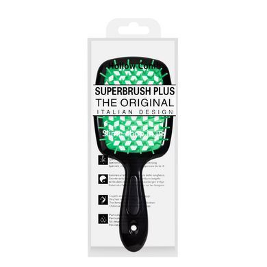 Щетка для волос массажная продувная Superbrush Plus Hollow Comb прямоугольная, Черная с зелёным