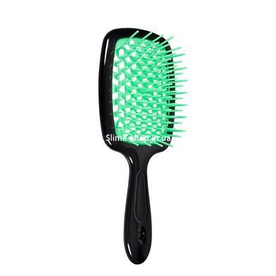 Щетка для волос массажная продувная Superbrush Plus Hollow Comb прямоугольная, Черная с зелёным